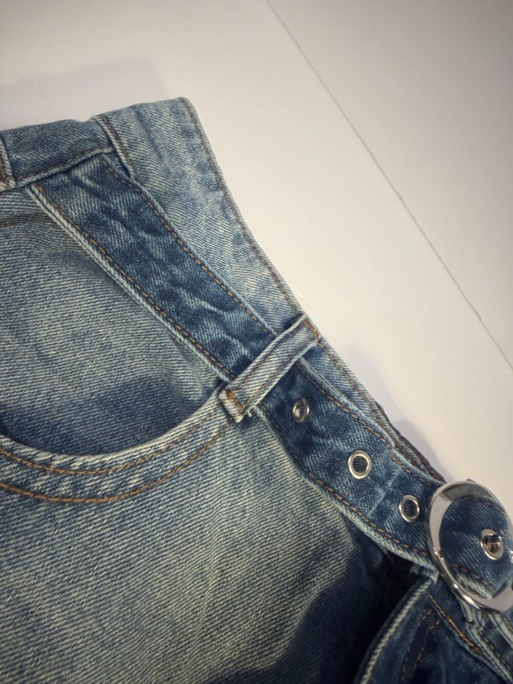 Cider Two Tone Denim Mini Skirt Belted Y2K Colorblock Frayed Hem Jean Skirt M - Picture 8 of 10